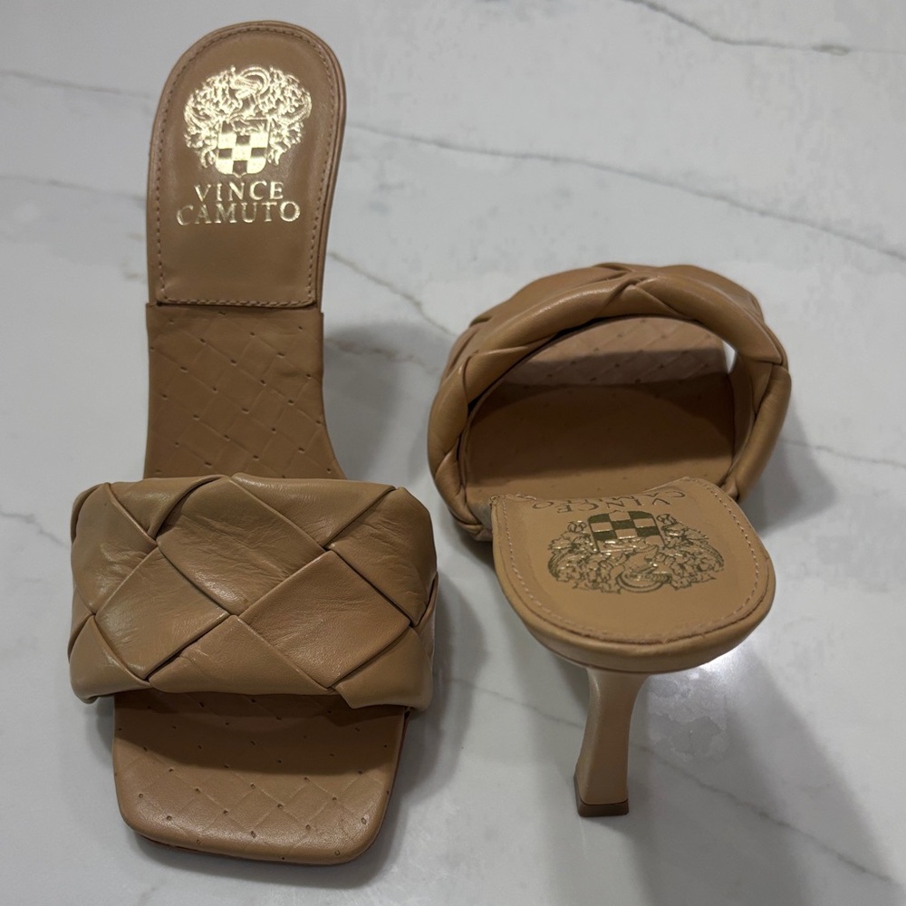 Vince Camuto Tan Braided Leather Slide Heels